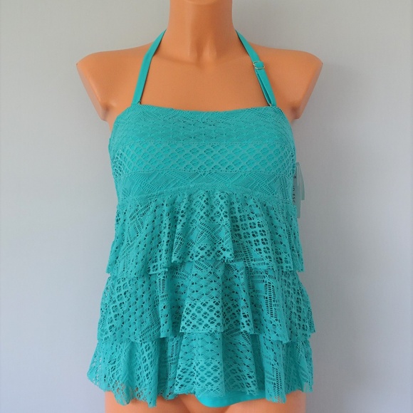 Island Escape Other - Island Escape Turquoise Crochet Ruffle Tankini Top
